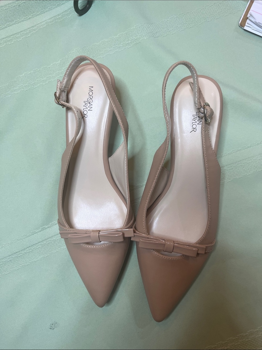 Morgan Taylor Blush Nude Pointed-Toe Slingback Flats with Bow
